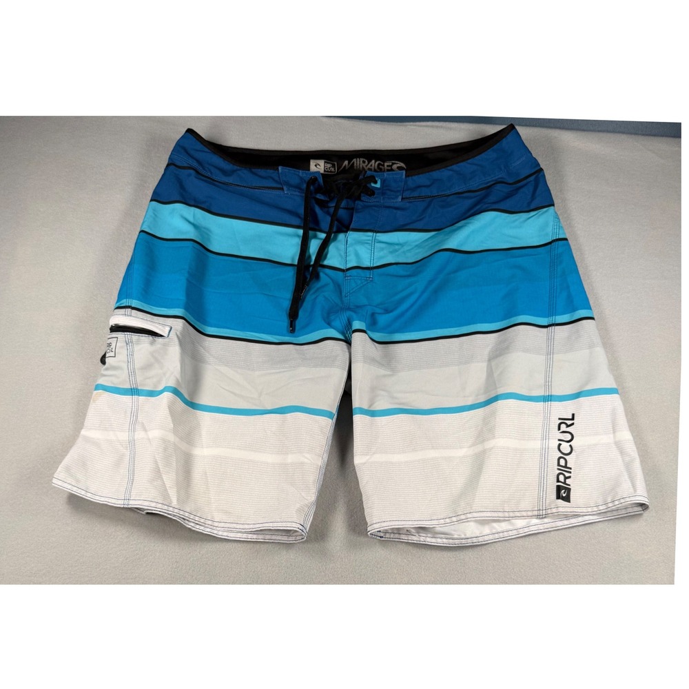 Rip Curl Mirage Mens 36 Blue Striped Board Shorts Performance Swim Trunks Surf